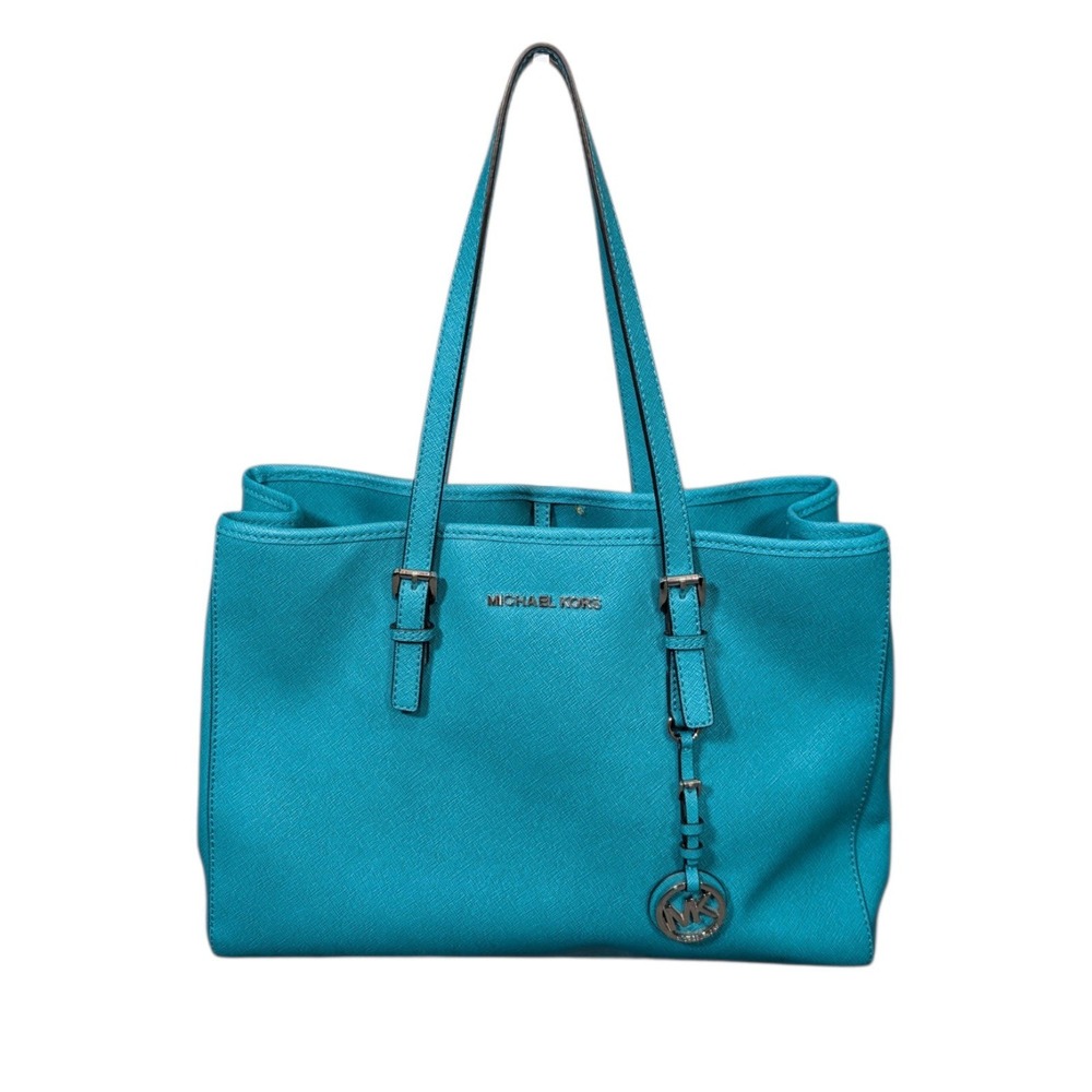 Michael Kors Savannah Turquoise Saffiano Leather Tote Handbag Silver Hardware